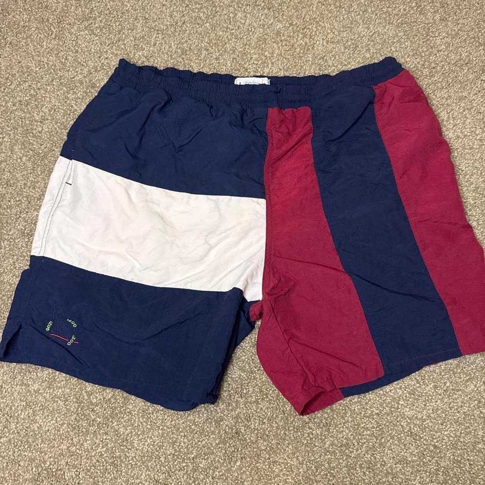 Vintage Izod Navy, white, and maroon color block swim shorts